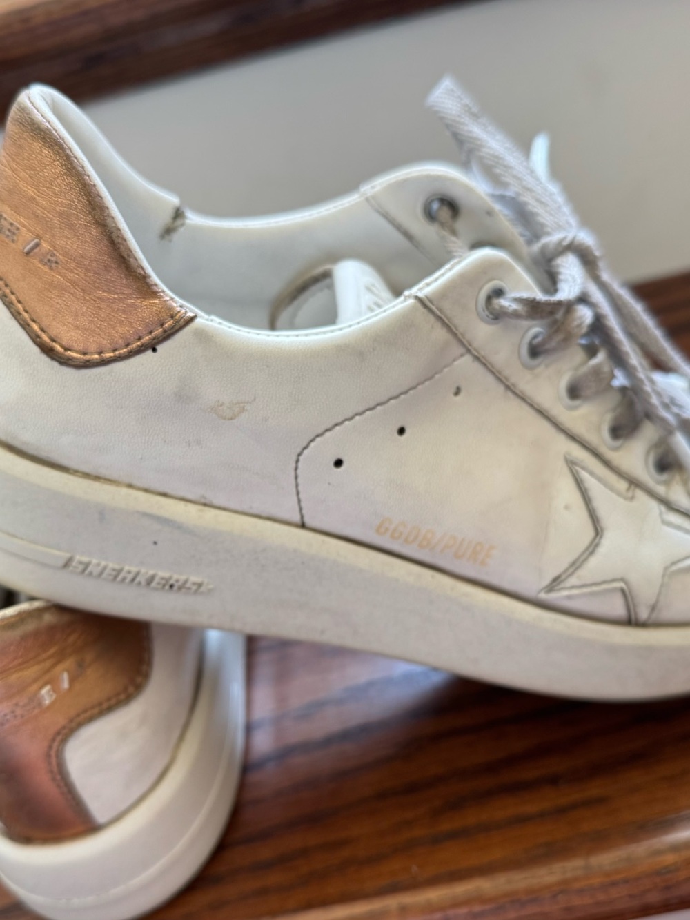 Golden Goose off white Leather Sneaker with Bronze back heel. Size 38 (7.5)